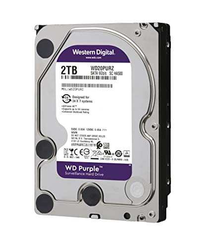 Western Digital WD Purple 2TB para videovigilancia - 3.5 pulgadas SATA 6 Gb/s disco duro con tecnología AllFrame 4K - 180TB/yr, 64MB Cache, 5400rpm - WD20PURZ, Púrpura