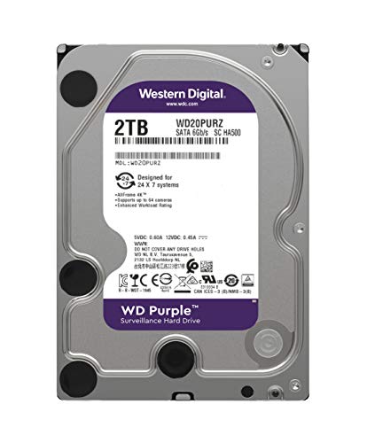 Western Digital WD Purple 2TB para videovigilancia - 3.5 pulgadas SATA 6 Gb/s disco duro con tecnología AllFrame 4K - 180TB/yr, 64MB Cache, 5400rpm - WD20PURZ, Púrpura