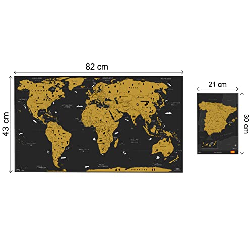 WIDETA Mapa del mundo a rascar en español/Póster gran formato (82 x 43 cm)/ Incluidos Mapa de España, adhesivos y herramienta de rascado