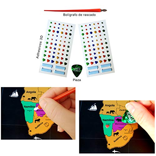 WIDETA Mapa del mundo a rascar en español/Póster gran formato (82 x 43 cm)/ Incluidos Mapa de España, adhesivos y herramienta de rascado