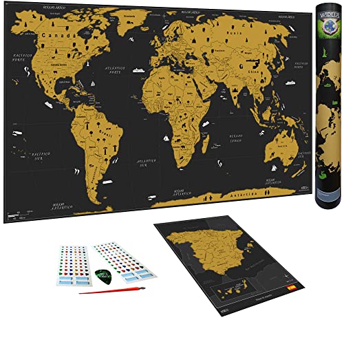 WIDETA Mapa del mundo a rascar en español/Póster gran formato (82 x 43 cm)/ Incluidos Mapa de España, adhesivos y herramienta de rascado