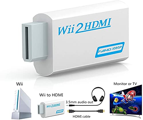 Wii a HDMI Adaptador 720P / 1080P Conversor de Video Puerto HDMI con Salida Audio 3.5mm Jack Soporta Todos los Modos de Visualización de Wii Compatible con NTSC 480i 480p PAL 576i (White)