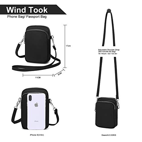 Wind Took Mini Bolso para Movil Bandolera Mujer Bolso Pequeño Bolso Monedero Movil Mujer Celular Cruzado Bolsa De Tarjeta Bancaria Crossbody 11x 5 x 17cm Negro
