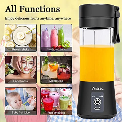Wissec Mini Licuadora,Licuadora Portátil Negro,Para Batidos y Smoothies, Mezclador de Frutas Eléctrico, con Carga USB, Seis Cuchillas en 3D Para Una Excelente Mezcla,380 ml