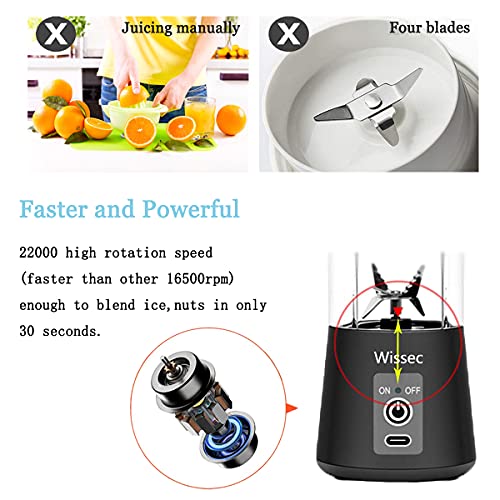 Wissec Mini Licuadora,Licuadora Portátil Negro,Para Batidos y Smoothies, Mezclador de Frutas Eléctrico, con Carga USB, Seis Cuchillas en 3D Para Una Excelente Mezcla,380 ml