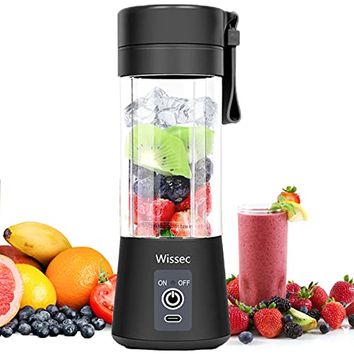 Wissec Mini Licuadora,Licuadora Portátil Negro,Para Batidos y Smoothies, Mezclador de Frutas Eléctrico, con Carga USB, Seis Cuchillas en 3D Para Una Excelente Mezcla,380 ml