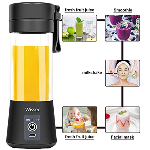 Wissec Mini Licuadora,Licuadora Portátil Negro,Para Batidos y Smoothies, Mezclador de Frutas Eléctrico, con Carga USB, Seis Cuchillas en 3D Para Una Excelente Mezcla,380 ml