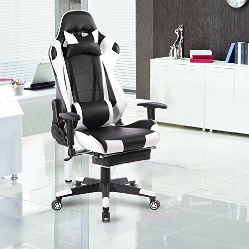 WOLTU Silla Gaming Racing Silla de Escritorio Ergonómica con Reposapiés y Almohada Lumbar, Altura Ajustable del Asiento y Reposabrazos,Blanco BS14ws