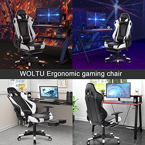 WOLTU Silla Gaming Racing Silla de Escritorio Ergonómica con Reposapiés y Almohada Lumbar, Altura Ajustable del Asiento y Reposabrazos,Blanco BS14ws
