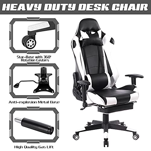 WOLTU Silla Gaming Racing Silla de Escritorio Ergonómica con Reposapiés y Almohada Lumbar, Altura Ajustable del Asiento y Reposabrazos,Blanco BS14ws