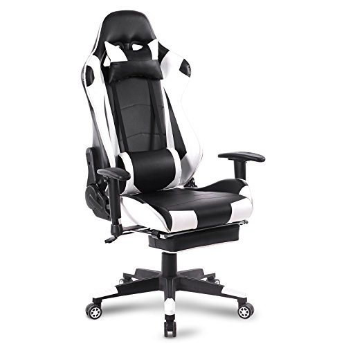 WOLTU Silla Gaming Racing Silla de Escritorio Ergonómica con Reposapiés y Almohada Lumbar, Altura Ajustable del Asiento y Reposabrazos,Blanco BS14ws