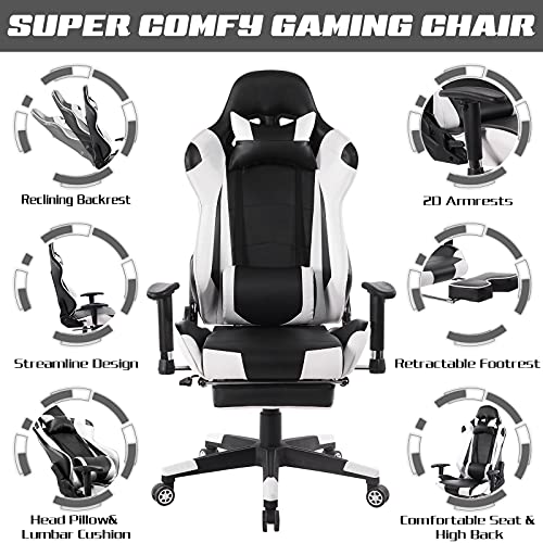 WOLTU Silla Gaming Racing Silla de Escritorio Ergonómica con Reposapiés y Almohada Lumbar, Altura Ajustable del Asiento y Reposabrazos,Blanco BS14ws