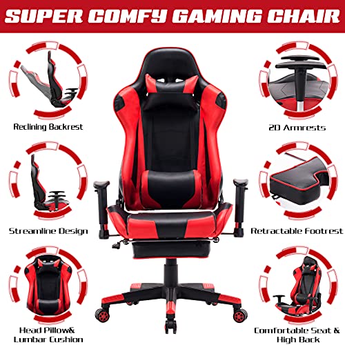 WOLTU Silla Gaming Racing Silla de Escritorio Ergonómica con Reposapiés y Almohada Lumbar, Altura Ajustable del Asiento y Reposabrazos,Rojo BS14rt
