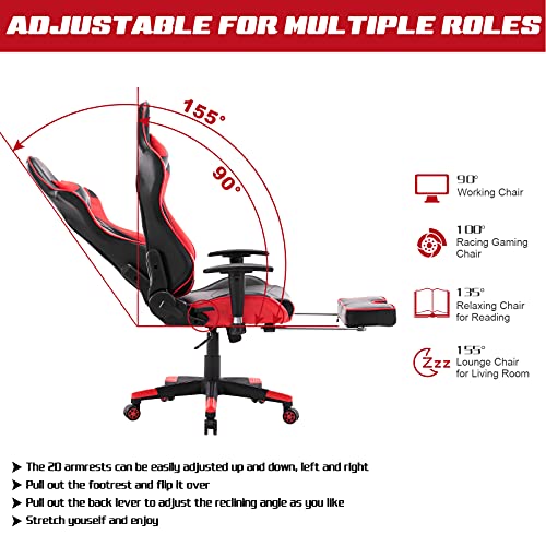 WOLTU Silla Gaming Racing Silla de Escritorio Ergonómica con Reposapiés y Almohada Lumbar, Altura Ajustable del Asiento y Reposabrazos,Rojo BS14rt