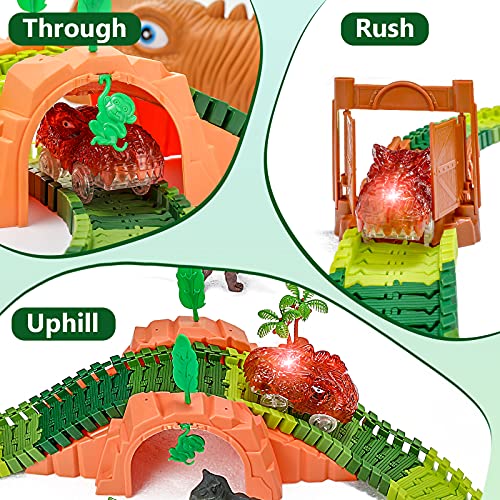 WOSTOO Pista de Coches con Dinosaurio Juguetes Juego con 2 LED Autos, Jurásico Mundo Juguetes Infantiles, Flexible Circuitos de Carreras de Juguete para Niños, Regalo Cumpleaños para Chico Niña