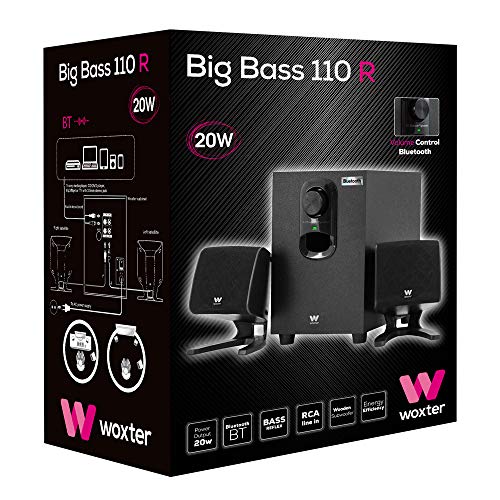 Woxter Big Bass 110r - Altavoces estéreo Bluetooth 2.1 con subwoofer de madera, Bass réflex, 20W de potencia y conexión estéreo RCA de 3,5mm. Ideal para PC / Smartphones y videoconsolas.