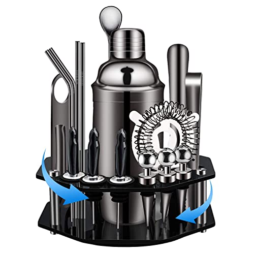X-cosrack Juego de Coctelera,Set de Coctelería de 19 Piezas con Soporte Giratorio de PantallaOctogonal,SS304 Kit de Barman Premium de Acero Inoxidable para Hogar, Bar, Fiesta, Elección（Negro）