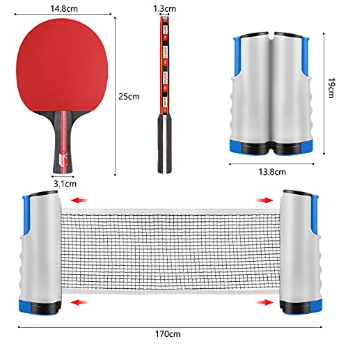 XDDIAS Conjunto de Tenis de Mesa con Red, 4 Raquetas + 8 Bolas/Pelotas de Tenis de Mesa + 1 Red Retráctil, Juego de Tenis de Mesa Portátil (Rojo)