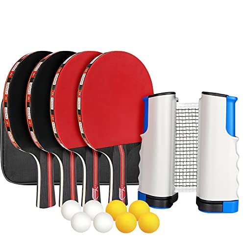 XDDIAS Conjunto de Tenis de Mesa con Red, 4 Raquetas + 8 Bolas/Pelotas de Tenis de Mesa + 1 Red Retráctil, Juego de Tenis de Mesa Portátil (Rojo)
