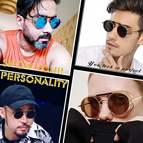 XFentech Steampunk Gafas de Sol - Gafas de Sol Redondas Ronda Marco de Metal Eyewear Círculo Espejo Gafas UV400 para Hombres y Mujeres, A1 Marco Negro - Lentes Negro