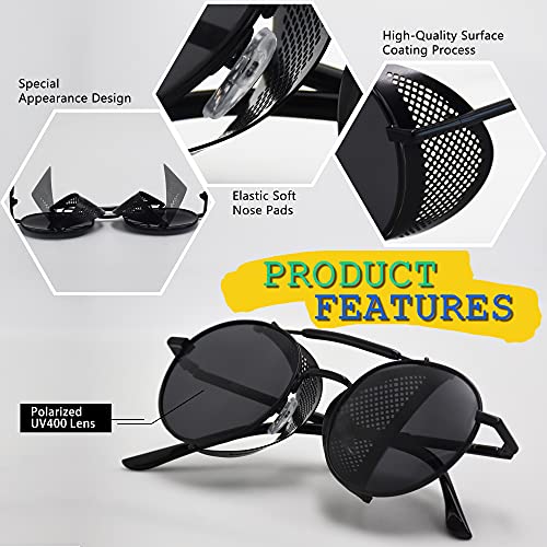 XFentech Steampunk Gafas de Sol - Gafas de Sol Redondas Ronda Marco de Metal Eyewear Círculo Espejo Gafas UV400 para Hombres y Mujeres, A1 Marco Negro - Lentes Negro