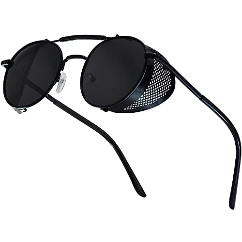 XFentech Steampunk Gafas de Sol - Gafas de Sol Redondas Ronda Marco de Metal Eyewear Círculo Espejo Gafas UV400 para Hombres y Mujeres, A1 Marco Negro - Lentes Negro