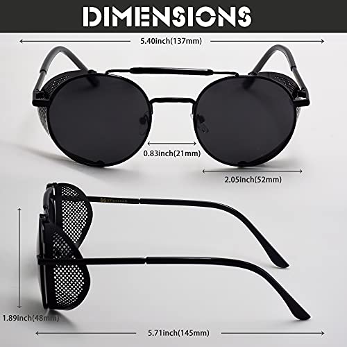 XFentech Steampunk Gafas de Sol - Gafas de Sol Redondas Ronda Marco de Metal Eyewear Círculo Espejo Gafas UV400 para Hombres y Mujeres, A1 Marco Negro - Lentes Negro