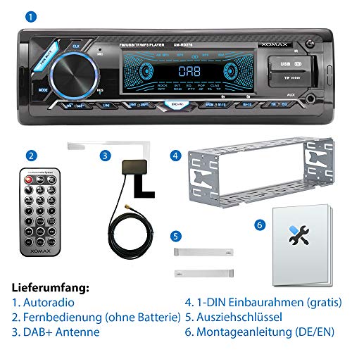 XOMAX XM-RD276 Autoradio Radio de Coche con Dab+ Radio Tuner I Bluetooth Manos Libres y música I USB y SD (128 GB por Medio) I WMA WAV I AUX-IN I DIN 1 I Marco Integrado
