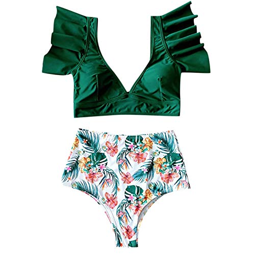 XUNN Bañador de mujer de moda sexy de cintura alta push-up, bikini estampado, traje de baño femenino, ropa de playa para mujer C-verde. M