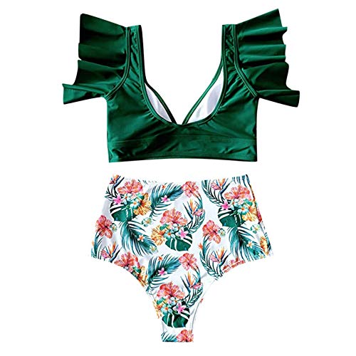 XUNN Bañador de mujer de moda sexy de cintura alta push-up, bikini estampado, traje de baño femenino, ropa de playa para mujer C-verde. M