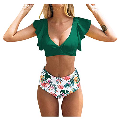 XUNN Bañador de mujer de moda sexy de cintura alta push-up, bikini estampado, traje de baño femenino, ropa de playa para mujer C-verde. M