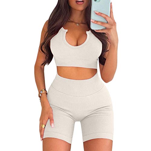 XUNN Conjunto de entrenamiento para mujer de 2 piezas, chándal para fitness, yoga, juego de ribbed elástico, camiseta y leggings, ropa deportiva para yoga, correr, gimnasio, ropa deportiva A-blanco. S
