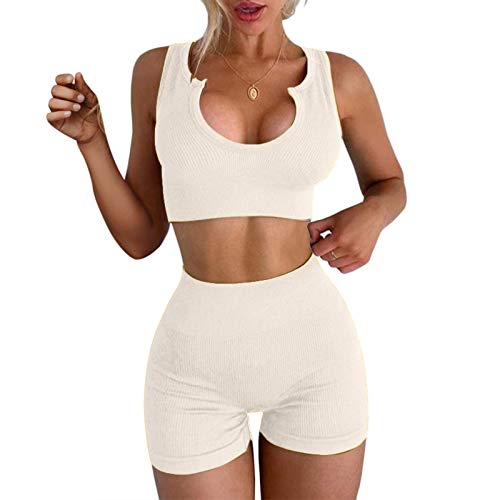 XUNN Conjunto de entrenamiento para mujer de 2 piezas, chándal para fitness, yoga, juego de ribbed elástico, camiseta y leggings, ropa deportiva para yoga, correr, gimnasio, ropa deportiva A-blanco. S