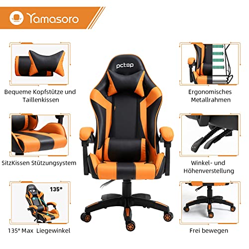 YAMASORO Silla ergonómica para videojuegos, silla de oficina para personas grandes, silla de juegos con altura ajustable, silla para ordenador con reposacabezas y cojín lumbar, color negro y naranja