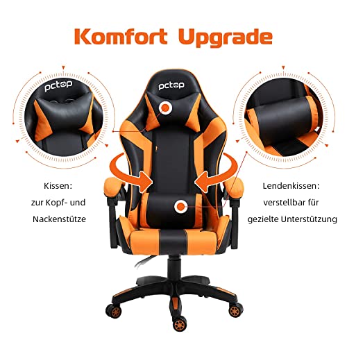 YAMASORO Silla ergonómica para videojuegos, silla de oficina para personas grandes, silla de juegos con altura ajustable, silla para ordenador con reposacabezas y cojín lumbar, color negro y naranja
