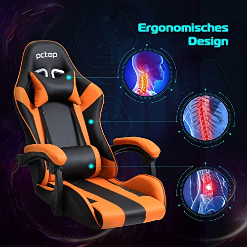 YAMASORO Silla ergonómica para videojuegos, silla de oficina para personas grandes, silla de juegos con altura ajustable, silla para ordenador con reposacabezas y cojín lumbar, color negro y naranja
