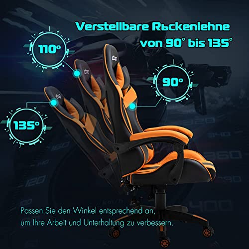 YAMASORO Silla ergonómica para videojuegos, silla de oficina para personas grandes, silla de juegos con altura ajustable, silla para ordenador con reposacabezas y cojín lumbar, color negro y naranja
