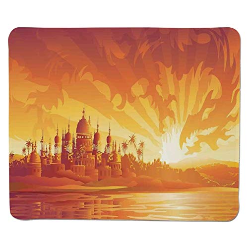 Yanteng Gaming Mouse Pad Decoración asiática, Ciudad Dorada bajo Dragón Fuego Cielo Palacio Mítico Mágico Ciudad legendaria Paisaje, Borde Cosido Amarillo Naranja