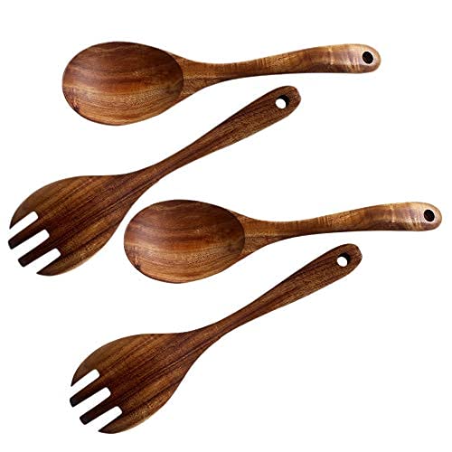 YEAJION Juego de 4 servidores de ensalada de madera para servir cuberteros, cuchara tenedor de ensalada de madera, tenedor de agitación