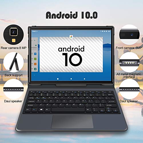 YESTEL Tablet 10 Pulgadas 5G WiFi 4G LTE Dual SIM Android 10.0 Tablet PC 1.6 GHz Procesador Octacore, Face ID, FHD 1920*1200, 64 GB Ampliables hasta 128 GB, 3 GB de RAM, con Teclado Magnetico, Negro