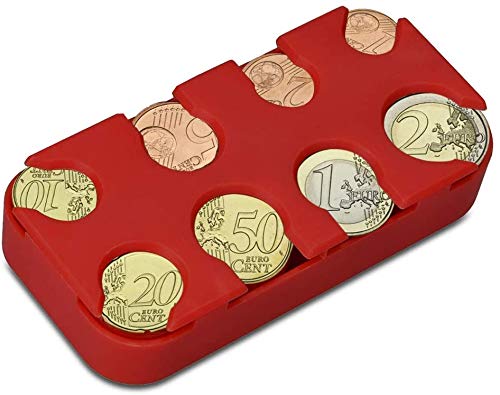 YFOX Mini caja de almacenamiento de monedas Euro,8 compartimentos de 1 centavo a 2 euros, colector de monedas Euro rápido y fuerte Clasificador de distribución de monedas (2 juegos) negro + rojo
