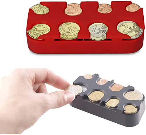 YFOX Mini caja de almacenamiento de monedas Euro,8 compartimentos de 1 centavo a 2 euros, colector de monedas Euro rápido y fuerte Clasificador de distribución de monedas (2 juegos) negro + rojo