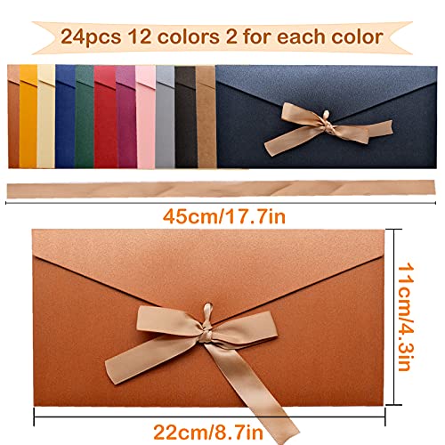 YHSWIN 24 Piezas Sobres para Tarjetas de Regalo, 12 Colores Sobres de Papel Kraft con Cintas para Tarjetas de Regalo Tarjetas de Felicitación para Fiestas Invitación de Boda Cumpleaños, 22 x 11cm