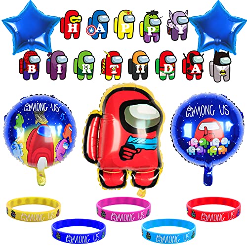 Yisscen Decoración de Cumpleaños,Globos para Fiesta de Cumpleaños Among Tema Us,Conjunto de Globos de niños,Contiene Globo de Aluminio,Multicolor Pulsera de Silicona,Banner de cumpleaños,Cinta