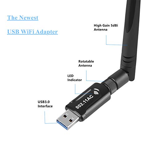 Yizhet Antena de Adaptador USB WiFi 1200Mbps USB 3.0 WiFi Adapter 5dBi Receptor WiFi Dual Band 5.8G/2.4G Compatible con Windows XP/7/8/Vista, Linux