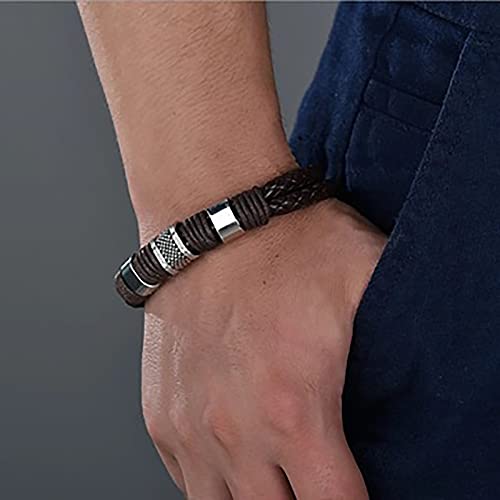 YJHC Magnetic Man Charm Masculinity Leather Bracelet,Vintage Men's Leather Magnetic Clasp Bracelet,Double Wrap Braided Leather Bracelet for Men. (2PC)