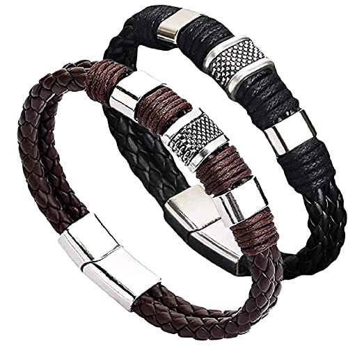 YJHC Magnetic Man Charm Masculinity Leather Bracelet,Vintage Men's Leather Magnetic Clasp Bracelet,Double Wrap Braided Leather Bracelet for Men. (2PC)