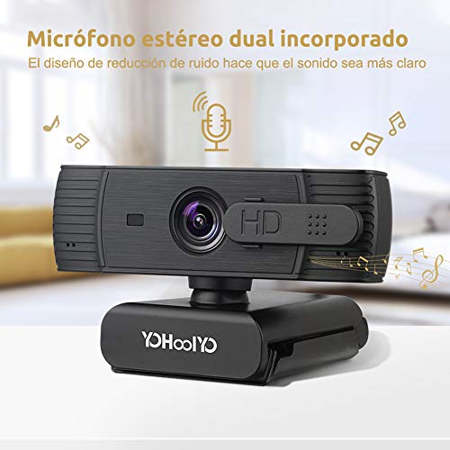 YOHOOLYO Webcam 1080P Full HD con Micrófono Estéreo Enfoque Automático Cámara Web USB con Cubierta de Privacidad Compatible con Windows, Mac Android