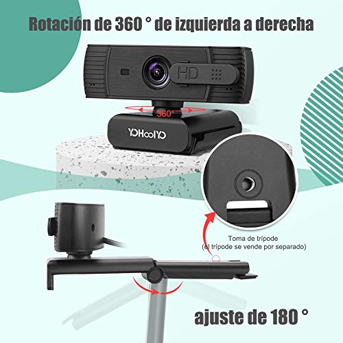 YOHOOLYO Webcam 1080P Full HD con Micrófono Estéreo Enfoque Automático Cámara Web USB con Cubierta de Privacidad Compatible con Windows, Mac Android