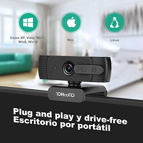 YOHOOLYO Webcam 1080P Full HD con Micrófono Estéreo Enfoque Automático Cámara Web USB con Cubierta de Privacidad Compatible con Windows, Mac Android